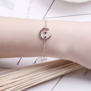 New Sterling Silver 925 Cat on a Crescent Moon Bracelet